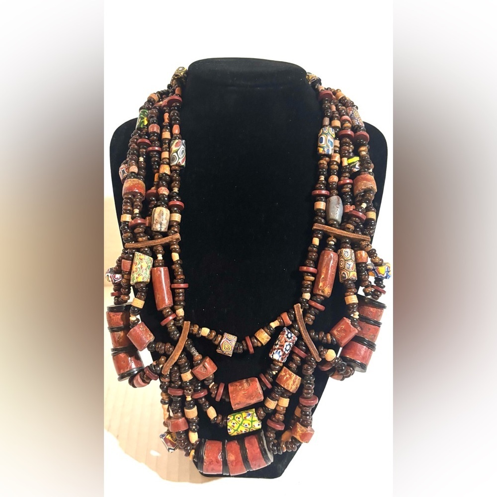 Handmade Multi-Strand Brown & Beaded stones & wood Statement Necklace